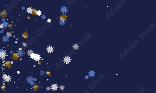 Simple Christmas star vector scatter illustration. Gold blue white shiny confetti. Poster stardust pattern. Christmas star doodle glitter. Crystal magic explosion.