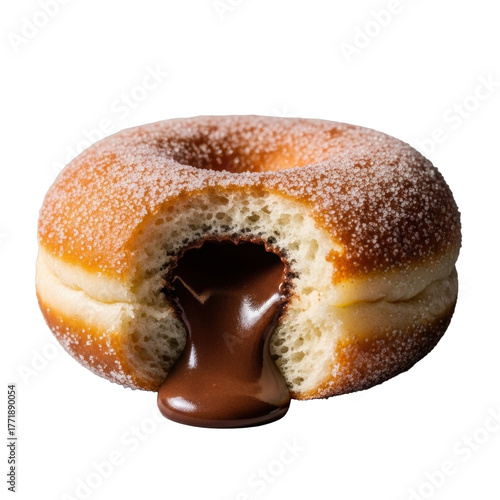 Golden-brown, sugar-dusted brioche donut, bite reveals soft interior, molten dark chocolate ganache oozing, isolated on transparent, concept of tempting decadence.