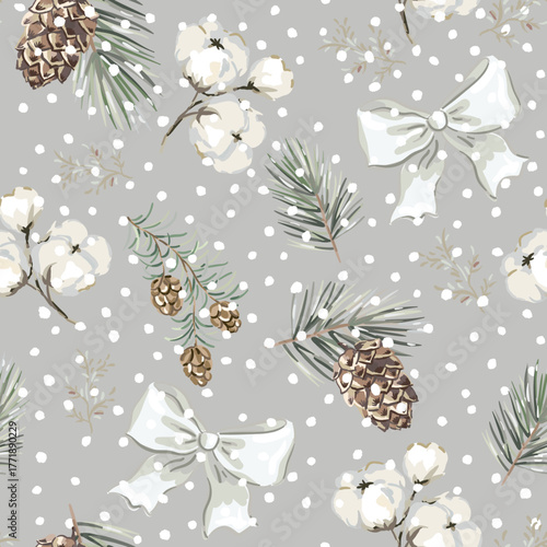 Christmas seamless pattern, cones, green pine twigs, cotton, white bow, snow, gray background. Vector illustration. Nature design. Season greeting. Winter forest. Xmas holidays