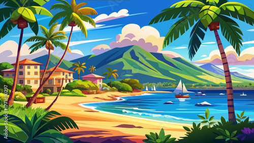 Very beautiful sunny day in Kihei town on Maui, Hawaii, United States, featuring tropical palm trees, blue ocean views, and vibrant island scenery under clear skies — a perfect paradise setting.