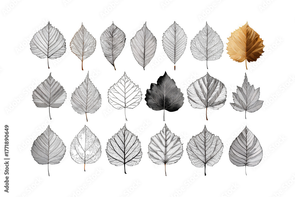 Fototapeta premium Array of monochrome botanical leaf studies arranged in rows with one golden autumn leaf standing out isolated on transparent background