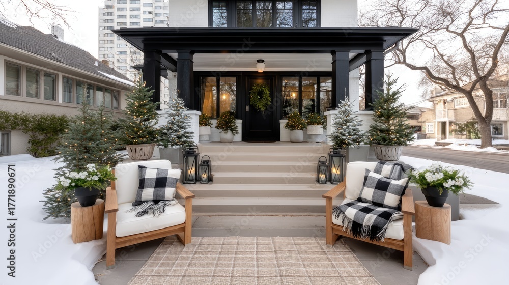 Fototapeta premium Welcoming winter entrance with cozy seating, greenery, and lanterns in a quiet neighborhood at dusk