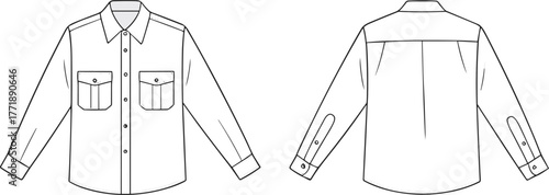 Button up shirt technical fashion illustration, front back view, long sleeve collared blouse design, chest pocket detail, apparel flat sketch, garment construction template