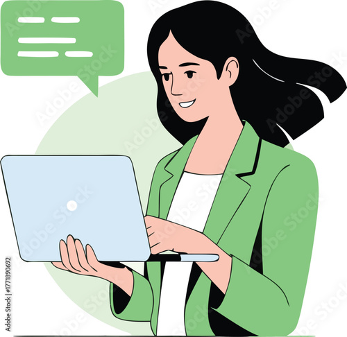 Smiling Woman Using Laptop with Speech Bubble Online Communication Illustration