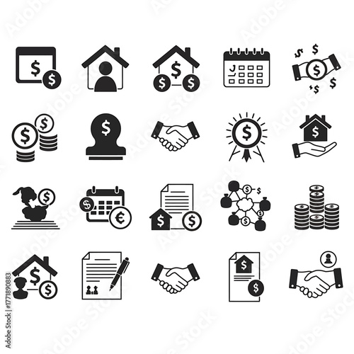 Finance and Investment Icon Set money real estate property business deal agreement handshake contract calendar time planning coins
