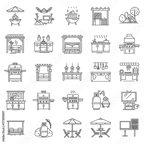 Outdoor Living Line Icons Set grill furniture patio barbecue cooking kitchen table chair umbrella garden backyard entertainment