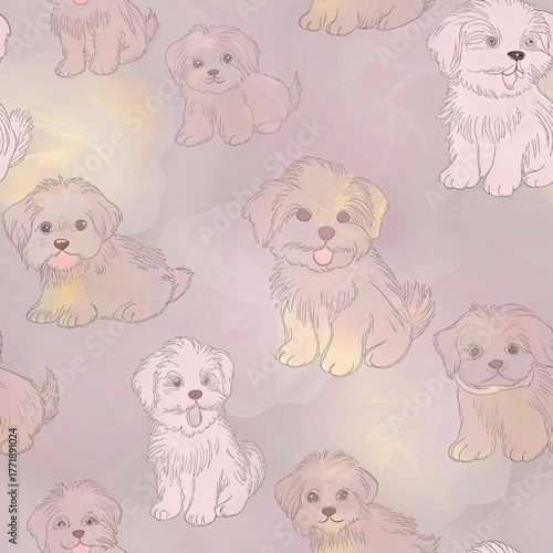 Delicate sketch/line art of various fluffy puppy breeds with soft, muted watercolor washes on a lilac/pink background
