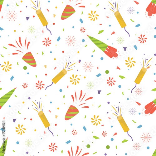 Colorful Festive party seamless pattern. Confetti, firecrackers, party popper, streamers. Pattern for celebration events