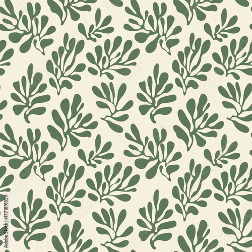 Vector seamless pattern with organic leaves. Stylish botanical background wit green foliage, branches, plants. Soft natural texture. Green repeated decorative design for decor, print, textile