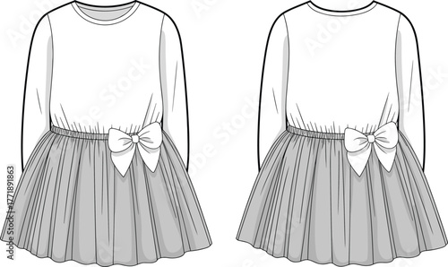 Kids dress with bow technical fashion illustration, front back view, pleated skirt design, long sleeve children’s apparel flat sketch, garment construction template