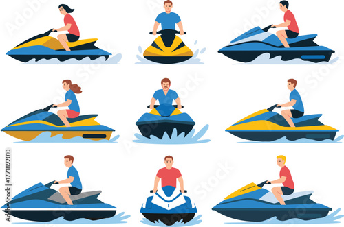 People riding jet skis on water, summer vacation activity, water sports vector illustration