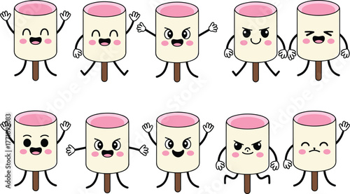 Cute pink marshmallow characters, funny cartoon expressions, adorable kawaii dessert vector illustration