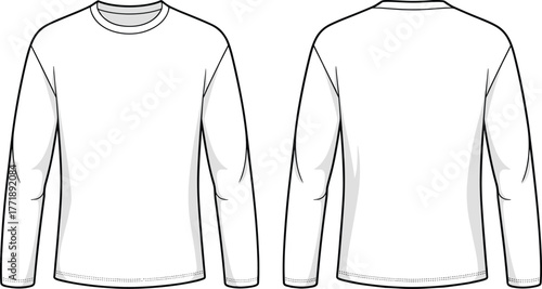 Long sleeve shirt technical fashion illustration, front back view, plain crew neck top design, casual apparel flat sketch, garment construction drawing, clothing template