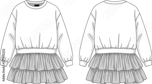 Sweatshirt ruffle dress technical flat sketch, front back view, casual feminine outfit design, long sleeve top with tiered skirt illustration