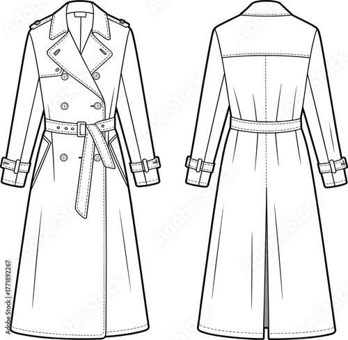 Trench coat technical fashion illustration, double breasted outerwear design, front back view, long sleeve coat sketch, garment construction drawing, apparel template