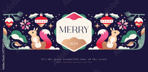 Merry Christmas and Happy New Year background, banner, poster design with trendy flat style illustration.

