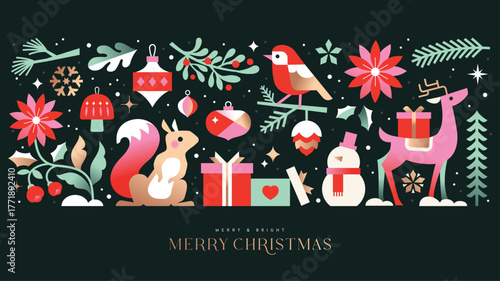 Merry Christmas and Happy New Year background, banner, poster design with trendy flat style illustration.

