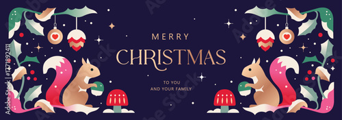 Merry Christmas and Happy New Year background, banner, poster design with trendy flat style illustration.
