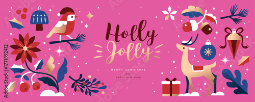 Merry Christmas and Happy New Year background, banner, poster design with trendy flat style illustration.
