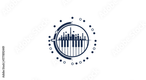 Abstract graphic design featuring a piano keyboard within a circular sound wave motif, representing music technology and digital audio.