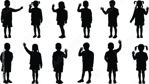 Silhouette of children waving hands, kids greeting vector illustration, friendly child posture collection for design and education concept