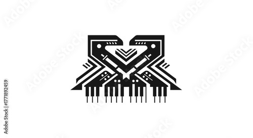 Abstract black and white logo featuring two stylized birds facing each other above a piano keyboard.