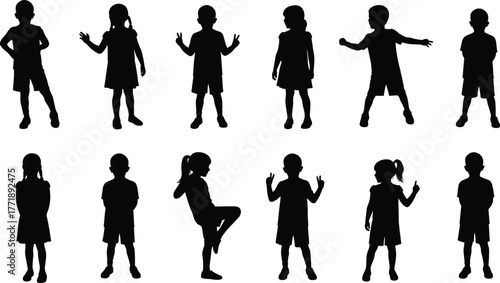 Silhouette of children in different standing and playful poses, kids vector illustration, child body posture collection for design