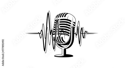 A vintage microphone is depicted with a sound wave emanating from it, symbolizing audio recording and broadcasting.