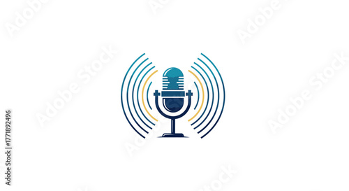 A stylized blue and gold microphone icon with radiating sound waves on a white background, representing audio broadcasting or podcasting.
