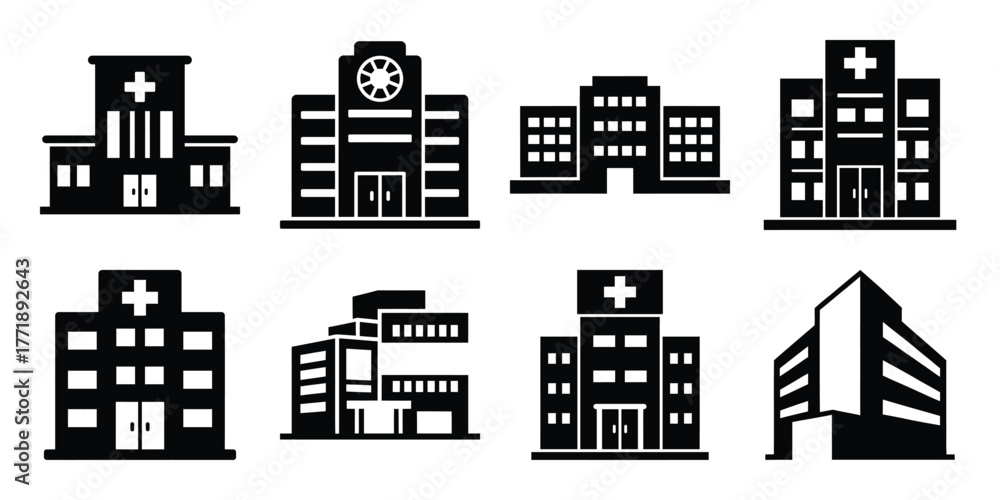 Obraz premium medical building minimal silhouette vector icon set