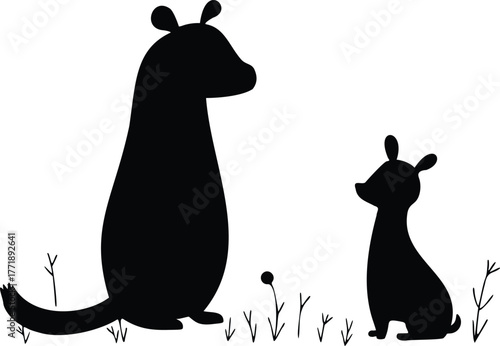 Two stylized black silhouettes of animals, one large and one small, standing in grass isolated on transparent background