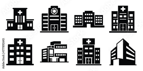 medical building minimal silhouette vector icon set