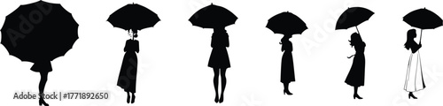 Silhouettes of women holding umbrellas in different sizes and styles, black isolated on transparent background