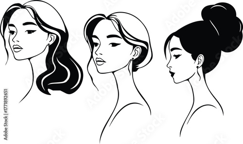 Three elegant female faces with different hairstyles, black and white line art isolated on transparent background