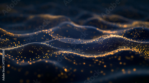 Abstract Glittering Waves: An immersive close-up of flowing, ethereal waves, with a captivating display of shimmering golden particles dancing across the fluid forms, evoking a sense of cosmic beauty.