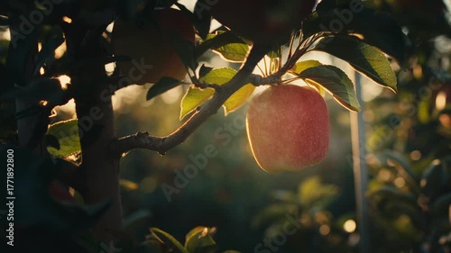 close up of red apple in orchard tree ready for fall harvest