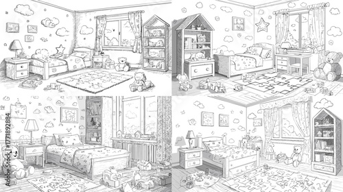 Cute hand-drawn sketch of children’s bedroom with toys, bookshelves, and cozy decor. Perfect for family design, home interior, and lifestyle illustration.