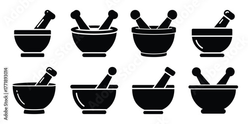 mortar and pestle icon set minimal silhouette vector icon set