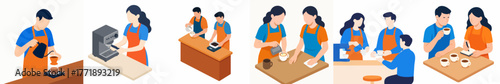 Isometric Modern Barista Preparation and Serving Coffee Drink at Coffee Shop