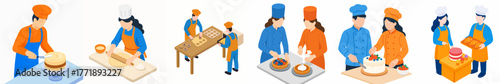 Isometric Illustration Baker Team Preparing Cake Dough Pastry Dessert Process