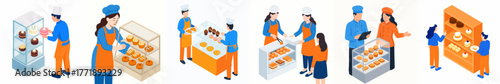 Isometric Bakery Shop with Diverse Staff and Customer Characters Illustration