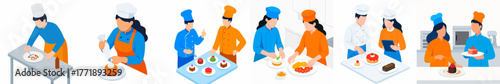 Isometric Professional Culinary Team with Various Skill Demonstrations and Food Decoration