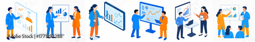 Isometric Business Meeting Presentation Illustration of Data Analysis and Strategy Planning