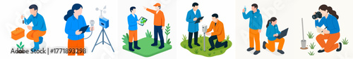 Isometric Professional Agricultural Field Research Scientist Team with Experiment Equipment Illustration