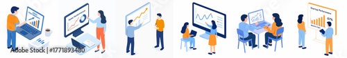 Isometric People Analyzing Financial Data, Teamwork in Business and Office Illustration