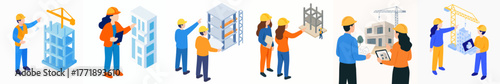 Isometric Construction Site with Team of Engineers and Workers Illustration