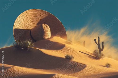 Sombrero shape transforming into desert dunes with cacti in background  