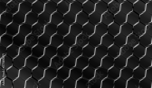 Seamless dark metallic hexagonal honeycomb pattern. 3D vector background features a shiny, steel grid texture with varying shades of gray, suggesting high-tech, industrial, or futuristic design.