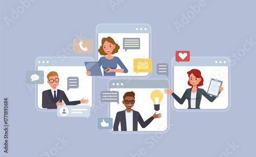 Business Communication and Networking concept. Business people connecting with speech bubbles, chat, email, and social media flat character vector illustration design.