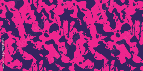 Seamless sporty pattern with acid bright ink blot shapes. Vector texture with organic fluid forms, neon pink and purple design for athletic textile, fashion fabric, swimwear, activewear, print